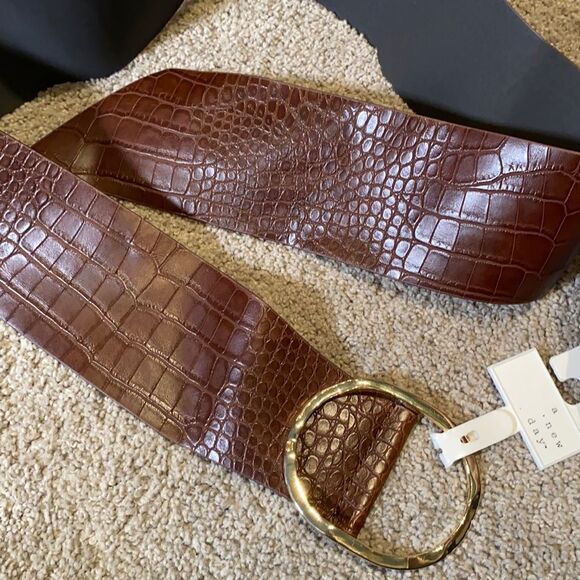 Women’s Barkwood Brown Wide Belt with Gold Buckle L NWT - Picture 2 of 6